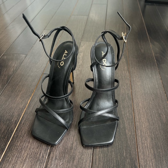 Aldo Shoes - ALDO Black Strappy Heeled Sandals - Square Toe Stiletto Pumps